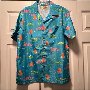 Aloha Co Resort Wear Hawaiian Nessie Big Foot Flamingos Button Up Shirt Sz S